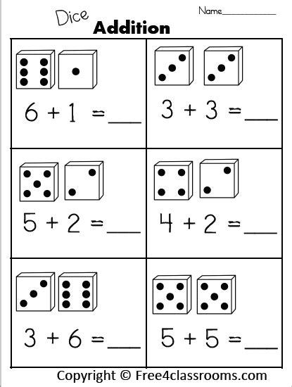 Free Addition Printable 1 Digit With Dice Free Worksheets