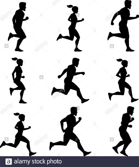 group of runners silhouettes of male and female vector illustrations of fitness activities