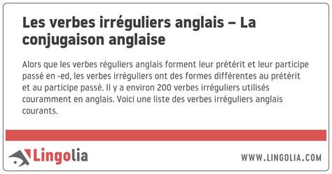 = se comporte comme un adjectif et s'accorde en genre et. Les verbes irréguliers anglais - La conjugaison anglaise