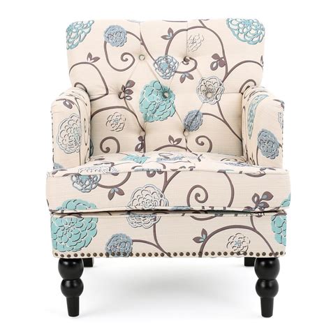 Noble House Harrison White And Blue Floral Fabric Tufted Club Chair