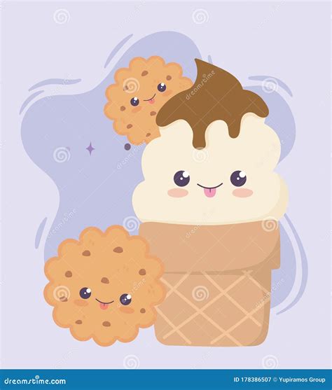 Cute Ice Cream Cone And Cookies Kawaii Cartoon Character Stock Vector