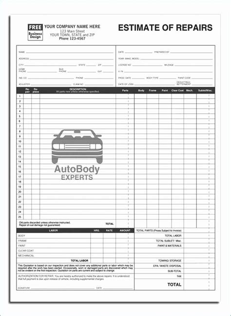 Printable Free Auto Body Repair Estimate Template Forms