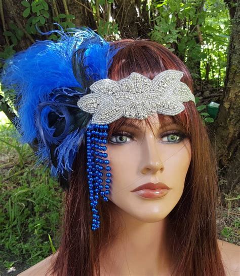 Gatsby Headpiece Royal Blue Feather Headpiece Feather Etsy