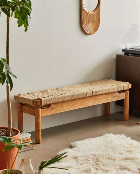 Solid Upholstered Wood Bench Tropical Sturdy Mangowood Framing Jute