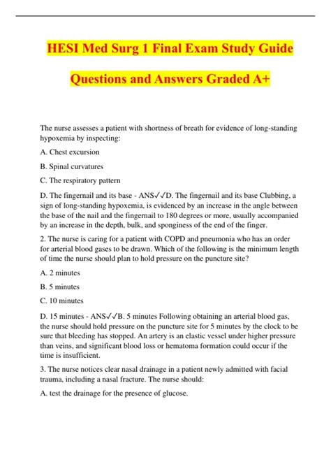 HESI Med Surg 1 Final Exam Study Guide Questions and Answers Graded A+