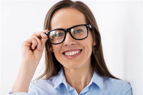 Close Up Of Smiling Middle Aged Woman In Glasses Stock Image Image Of Office Businesswoman