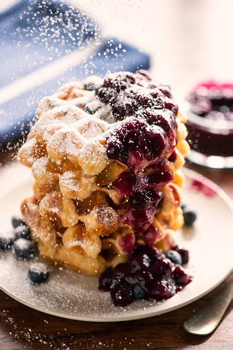 Belgium Waffles Stack Blueberry Compote Fresh Blueberries And Icing