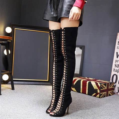 Womens Thigh High Lace Up Boots Ladies Open Toe Stretch Over The Knee Gladiator Boots Stiletto