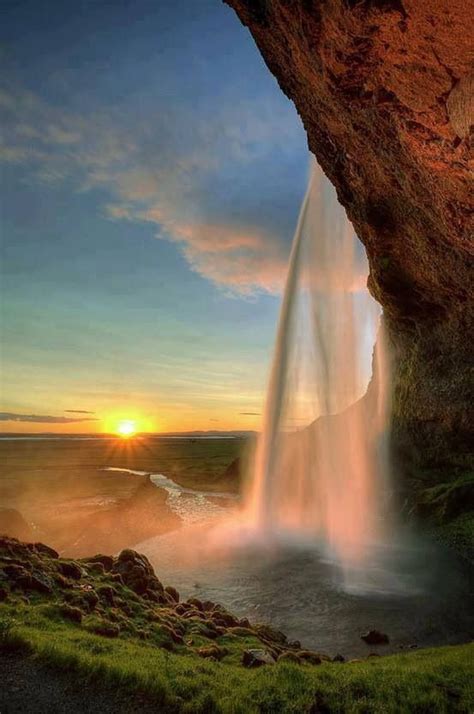 Sunset At Seljalandsfoss Iceland Waterfall Beautiful Landscapes Nature
