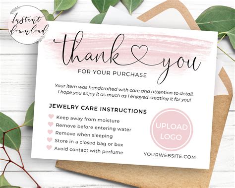 Care Instructions Card 100 Editable Jewelry Care Card Insert Care Card