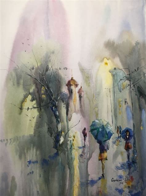 The Lady With Green Umbrella 2016 Watercolour By Iulia Carchelan In