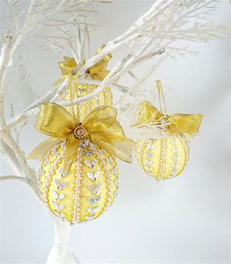 Set of 4 Christmas Ornament, Yellow Christmas decoration, Hand-crafted