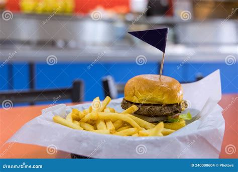 Burger With French Fries In Burger With Beef Cheese Bacon Lunch Is On
