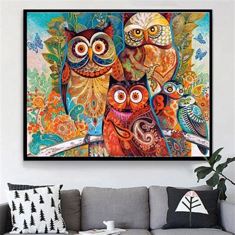 5d Diy Diamond Paintings Colorful Owls Cross Stitch Room Wall Art