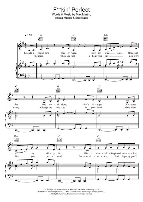 Fkin Perfect Sheet Music Pink Piano Vocal And Guitar Chords