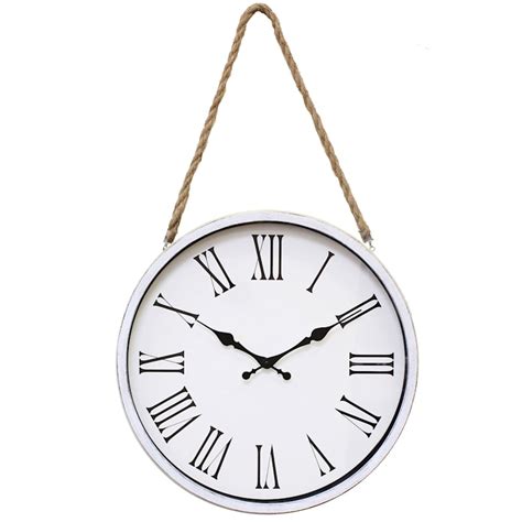16in Distressed White Round Hanging Wall Clock With Rope At Home