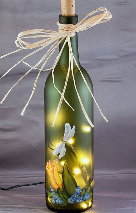 Lighted Wine Bottle Hand Painted Tulip And Dragonfly Etsy In 2020