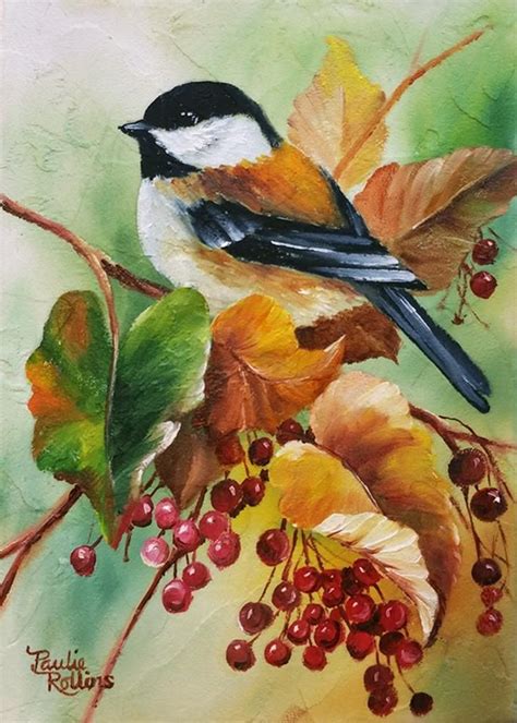 Autumn Chickadee 2 Original Fine Art By Paulie Rollins Birds Painting