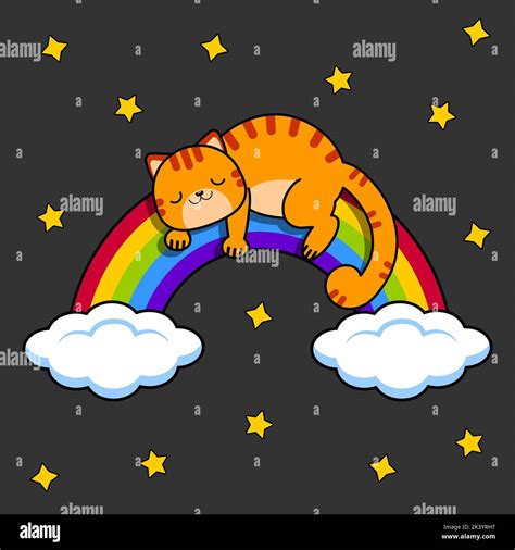 Gray Cat Sleeps On A Rainbow Night Sky And Starsvector Illustration
