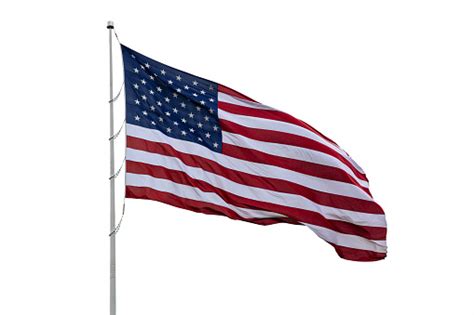 United States Flag On A Pole Waving Isolated On White Background Stock
