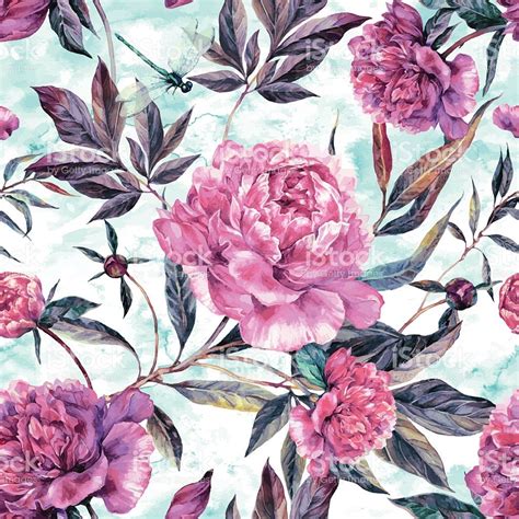 Watercolor Seamless Pattern Of Pink Peonies And Green Leaves Royalty