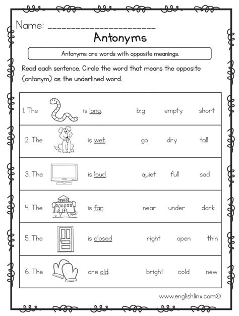 Antonyms Worksheets For Kindergarten 10 3rd Grade Antonyms Worksheet