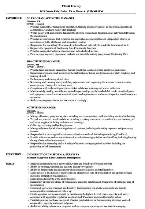 Activities Manager Resume Samples Velvet Jobs