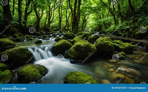 Tranquil Stream Amidst the Green Woodlands of Japan Stock Illustration