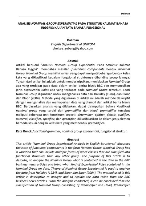 Pdf Analisis Nominal Group Experiential Pada Struktur Kalimat Bahasa