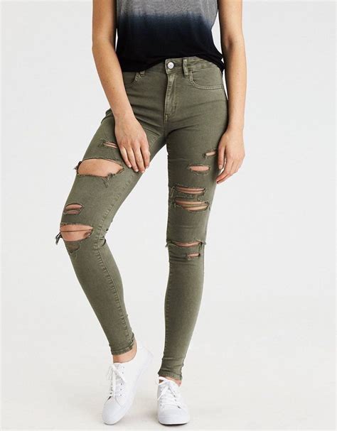 american eagle green skinny jeans in 2020 green skinny jeans ripped jeans outfit womens