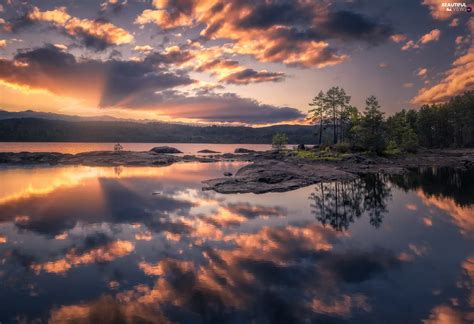 Great Sunsets Lake Viewes Rocks Trees Clouds Beautiful Views