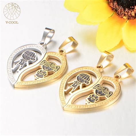 Men Women Classical Couples Pendant Stainless Steel Love Heart Puzzle
