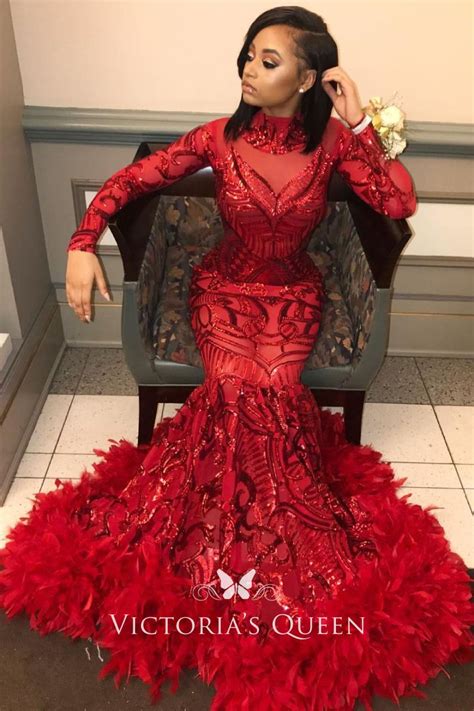 Gorgeous Red Sequin With Feather Hemline Long Sleeve Mermaid Long Prom Dress Vq