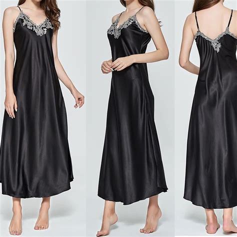 Sexy Satin Night Dress For Women Lace V Backless Sleepwear Lingerie Silk Nightgown Sleeveless