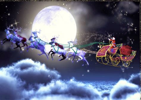 Santa Claus Coming To Town Riding His Reindeer Sleigh Flying In Sky