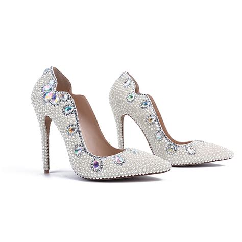 Sexy New Fashion White Pearls Colorful Rhinestones Women Wedding Shoes Thin High Heels Genuine