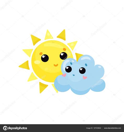 Cartoon Yellow Sun And Blue Cloud With Kawaii Faces Cute Weather And