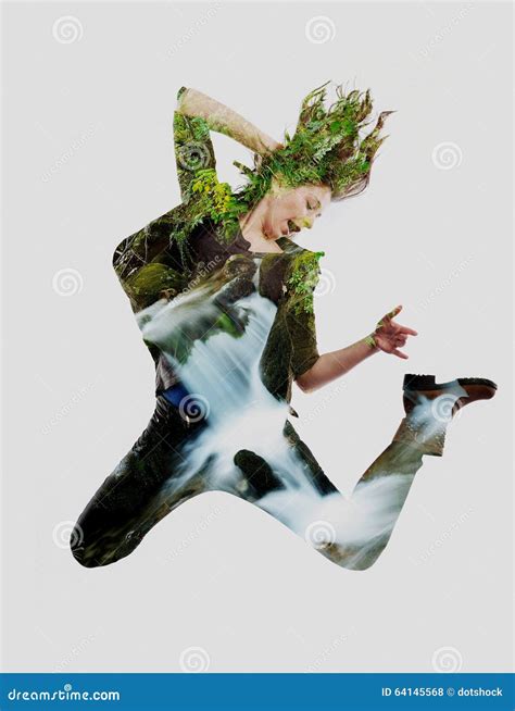 Double Exposure Of Nature And Young Woman Dancing Stock Photo Image