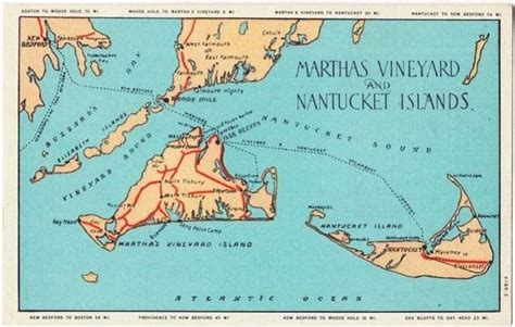 Vintage Postcard Map Of Martha S Vineyard And Nantucket
