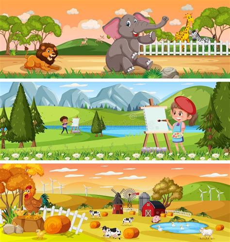 Different Panoramic Nature Landscape Set With Cartoon Character Stock