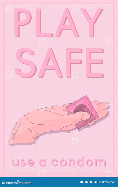 safe sex pink greeting card banner condom in the hand and slogan stock vector illustration of