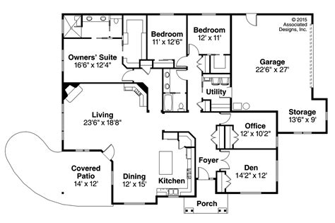4 bedroom floor plans 653665 3 bath and an office or playroom house. Ranch House Plans - Baileyville 30-976 - Associated Designs