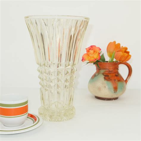 Vintage Heavy Vase Of Thick Glass With Relief Pattern Large Retroriek