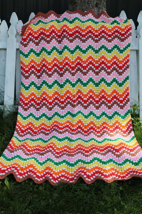 70s Vintage Crochet Afghan Throw Blanket Bargello Look Stripes In