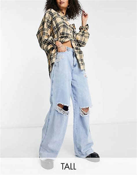 Missguided Tall 90s Wide Leg Dad Jeans With Ripped Knee In Blue Asos