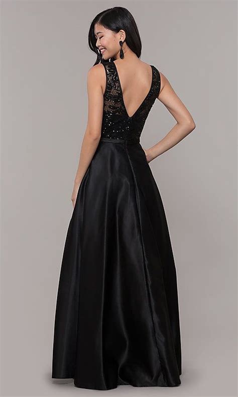 Black Satin Long Prom Dress With Sequin Bodice Long Satin Skirt