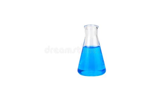 Laboratory Glassware With Liquid On White Background Glass Chemical Flask With Blue Reagent