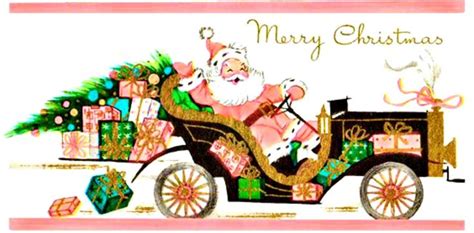 vintage Christmas pink Santa Claus in car with presents and tree, retro