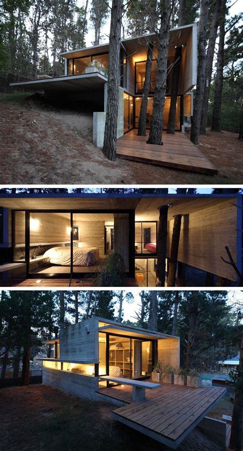 Three Different Views Of The Inside And Outside Of A House In The Woods