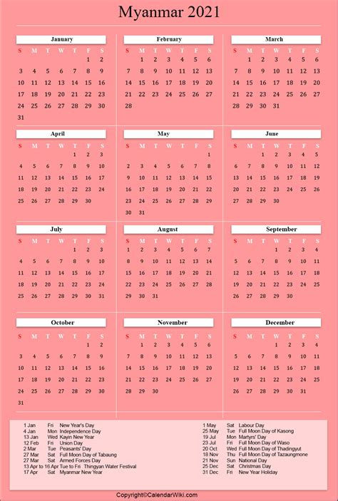 This page contains a national calendar of all 2021 public holidays. Printable Myanmar Calendar 2021 with Holidays [Public ...